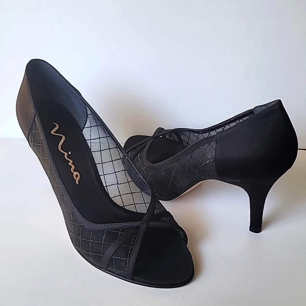 NWB Nina Open Toe Satin and Mesh Heels, Size 9.5M - Picture 2 of 9